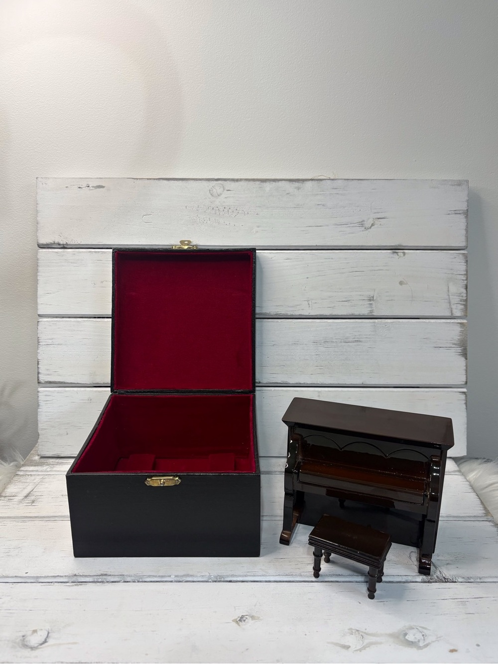 Miniature Musical Piano with Stool and Storage Box with Red Velvet Interior